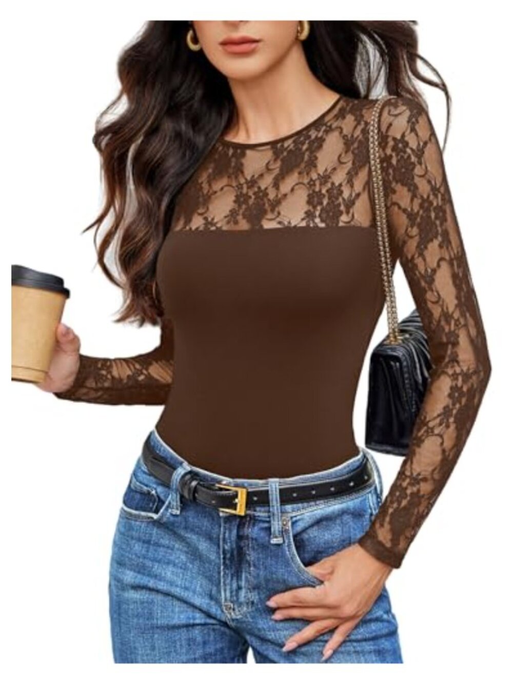 Long Sleeve Lace Bodysuit Crew Neck Thong Back Snap Closure